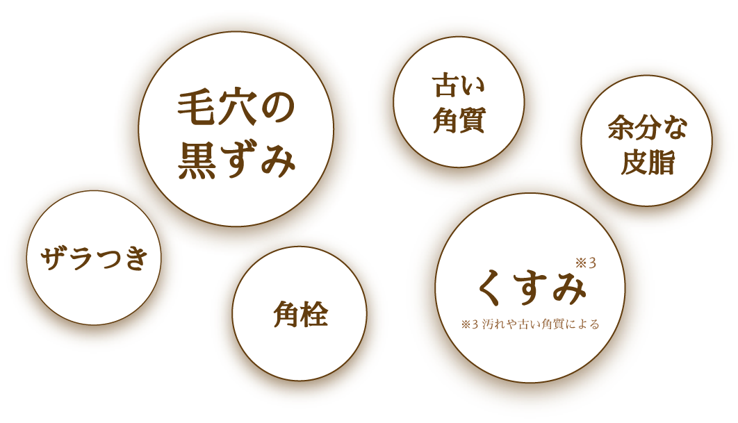 毛穴の黒ずみ、古い角質、余分な皮脂、ざらつき、角栓、くすみ