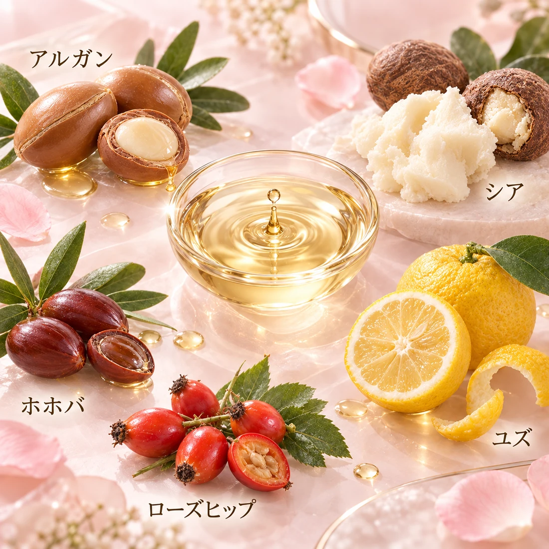 アルガン、シア、ホホバ、ローズヒップ、ユズと植物オイルのイメージ