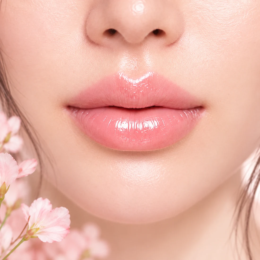 淡いピンクの花を添えた、ツヤのある唇のイメージ