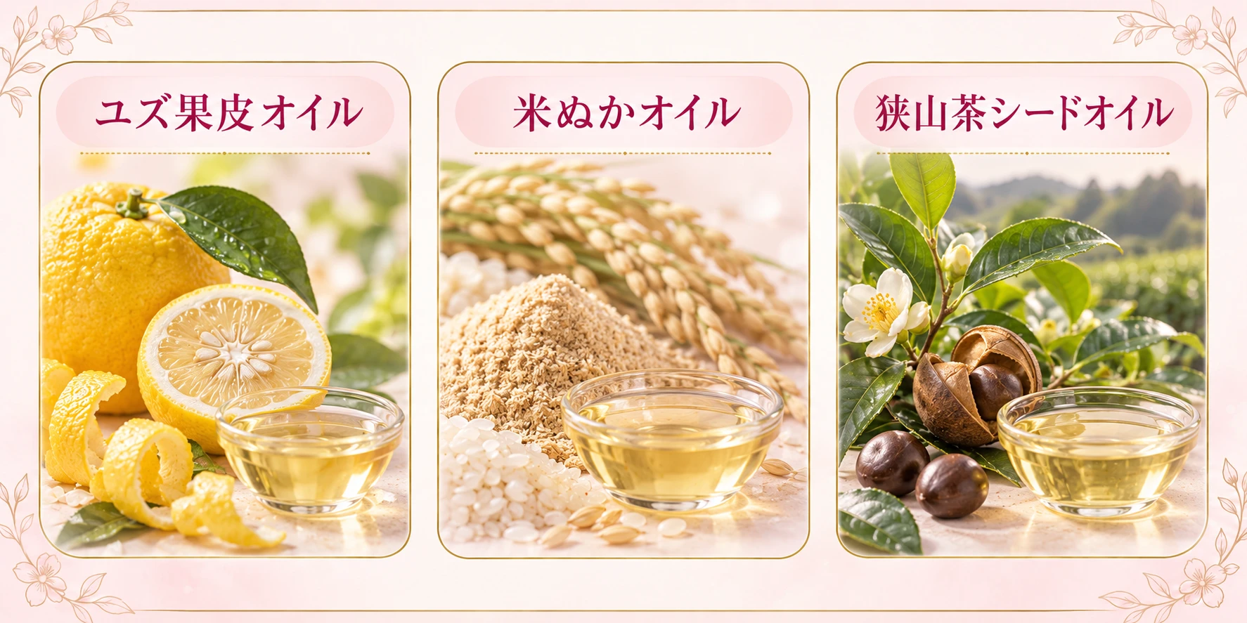 ユズ果皮オイル、米ぬかオイル、狭山茶シードオイルの紹介イメージ