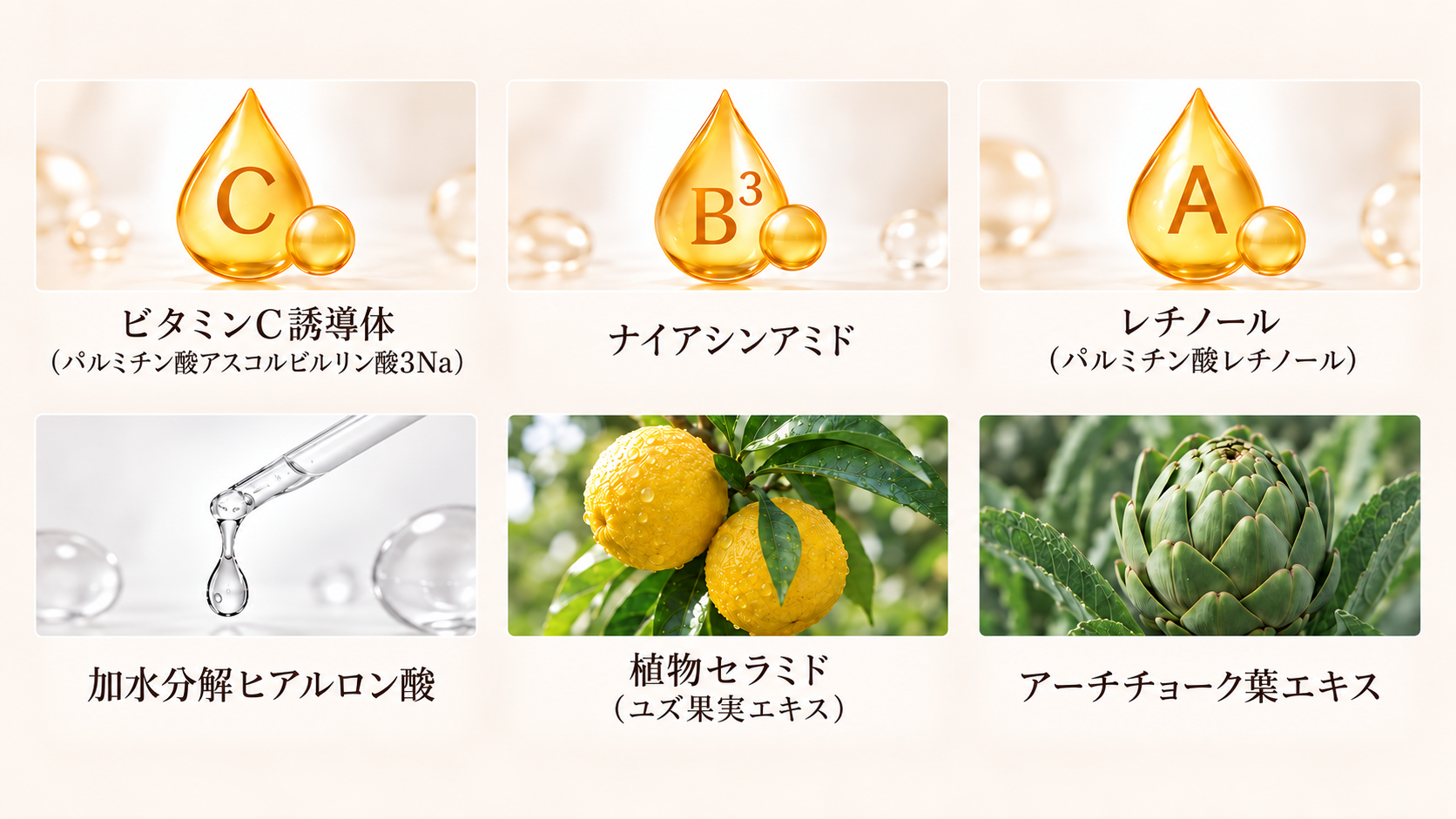 ビタミンC誘導体、ナイアシンアミド、レチノール、加水分解ヒアルロン酸、植物セラミド、アーチチョーク葉エキス